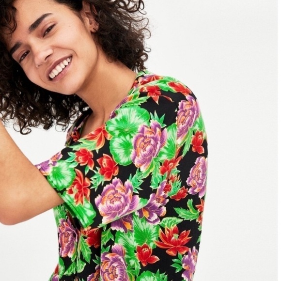 Zara Floral V Neck Shirt xs - Picture 4 of 5
